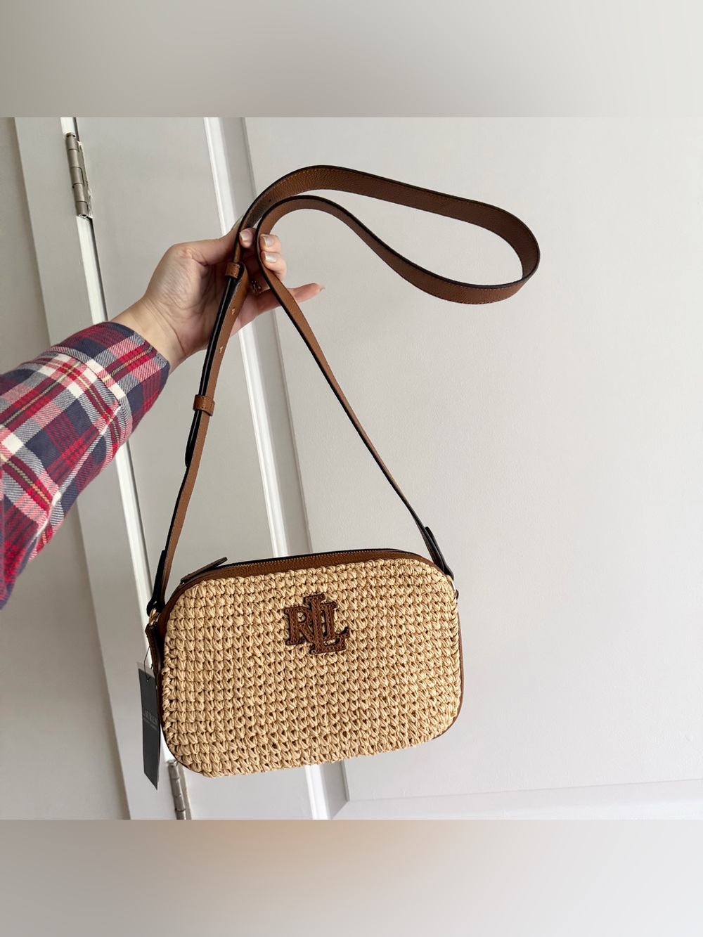 Lauren Ralph Lauren Tan and Brown Raffia Crossbody Bag NWT